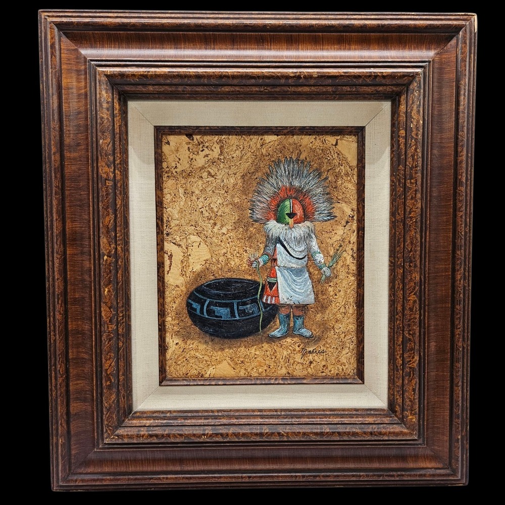 Native American Hopi Kachina Handpainted Framed Art San Ildefonso Pottery Signed